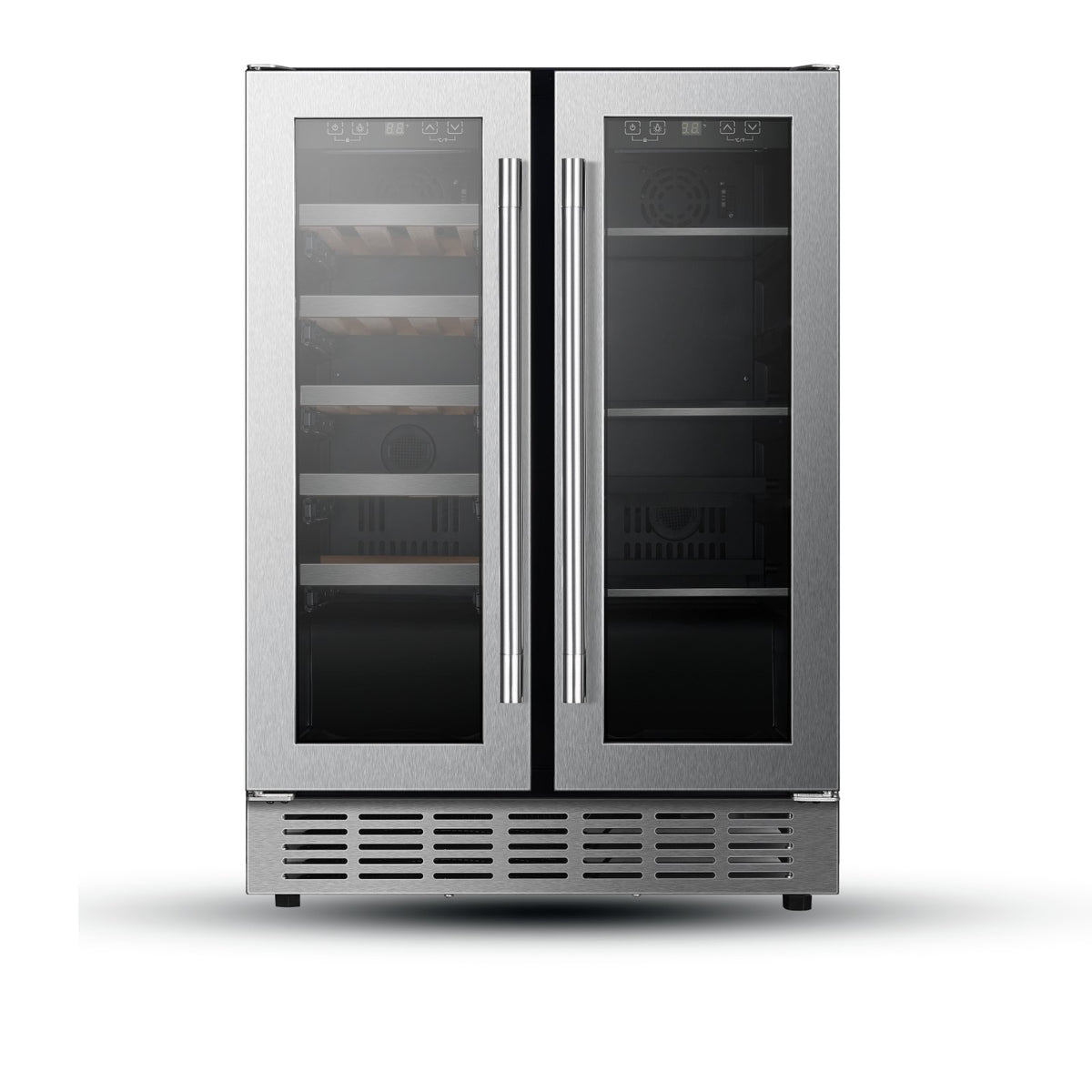 24-inch dual-zone undercounter wine and beverage center, stainless steel, doors closed