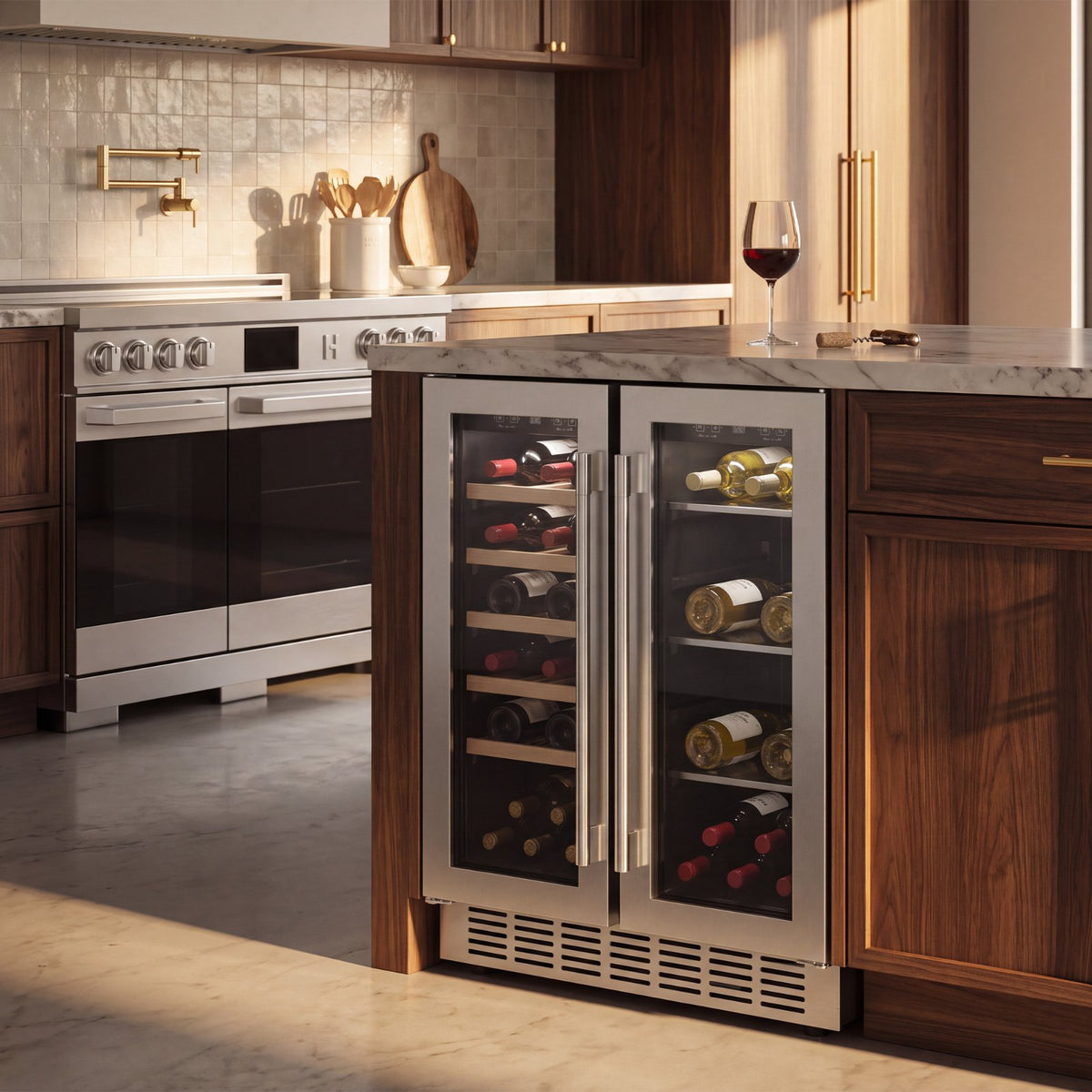 Undercounter wine and beverage center installed in a walnut island beside a stainless range