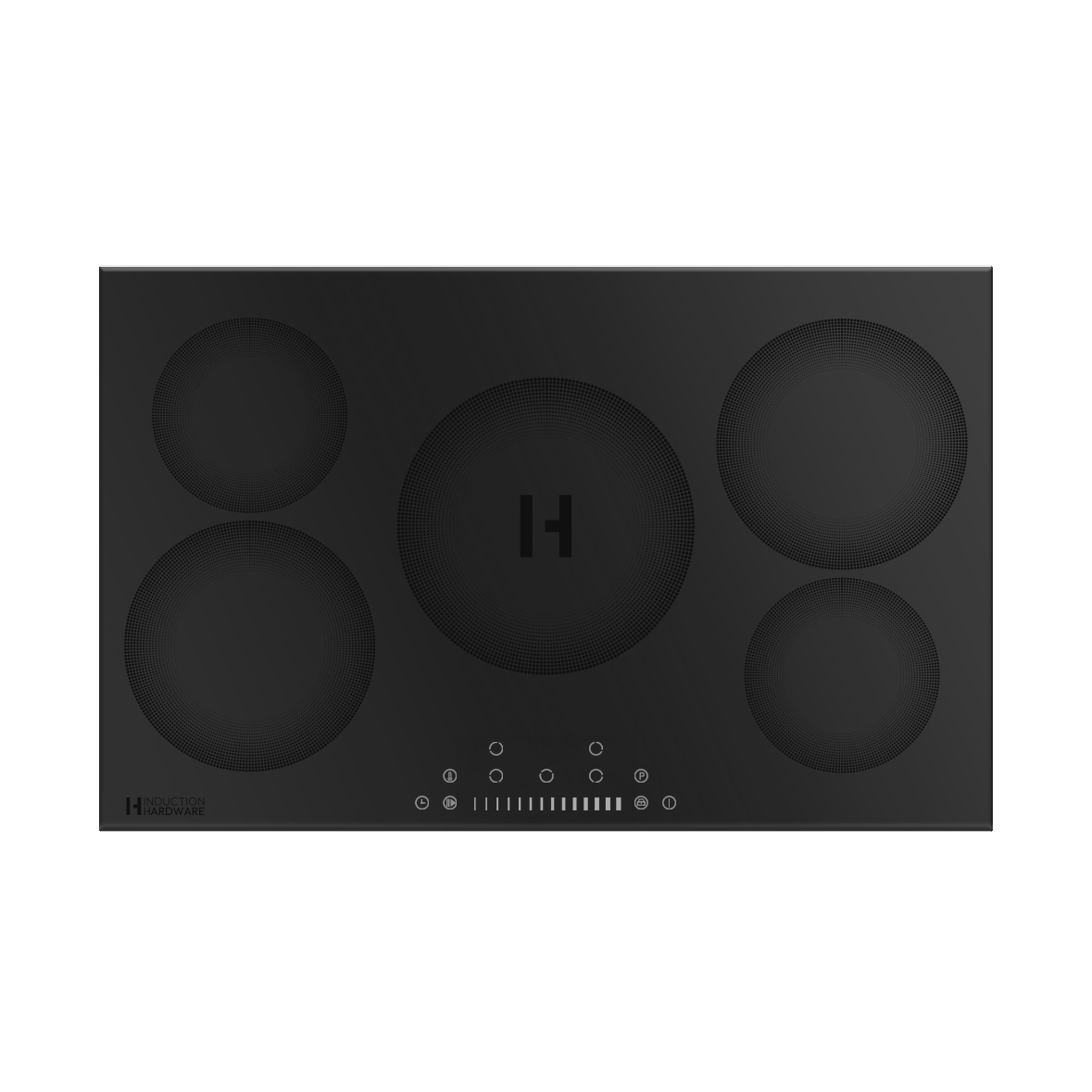 36 inch Induction Hardware drop-in induction cooktop, 5-zone, black glass, top view