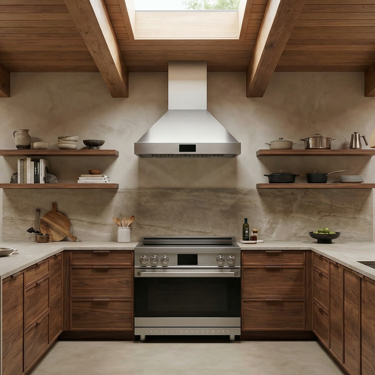 Induction Hardware pyramid wall range hood running recirculating in a finished kitchen
